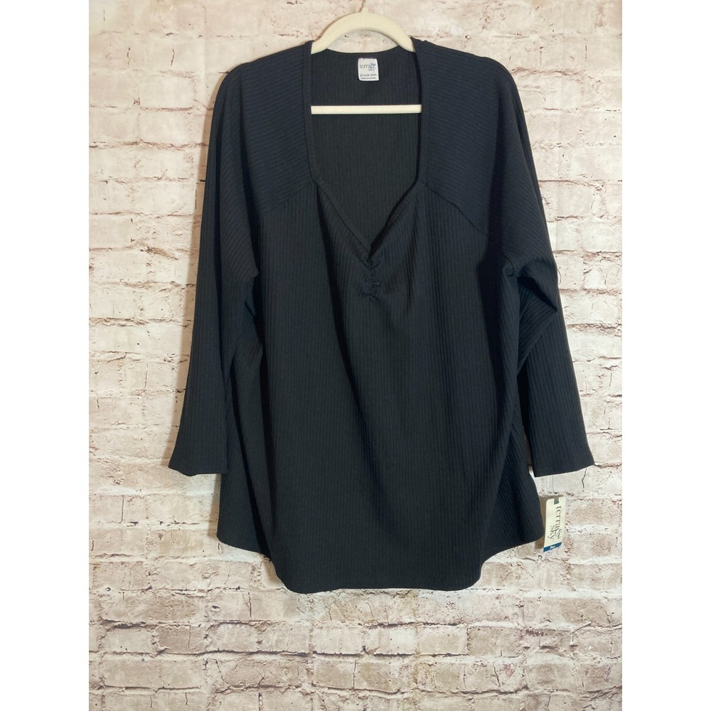 NEW Terra & Sky Top Womens 3X Black Ribbed Ruched Sweetheart Neck Plus Stretch